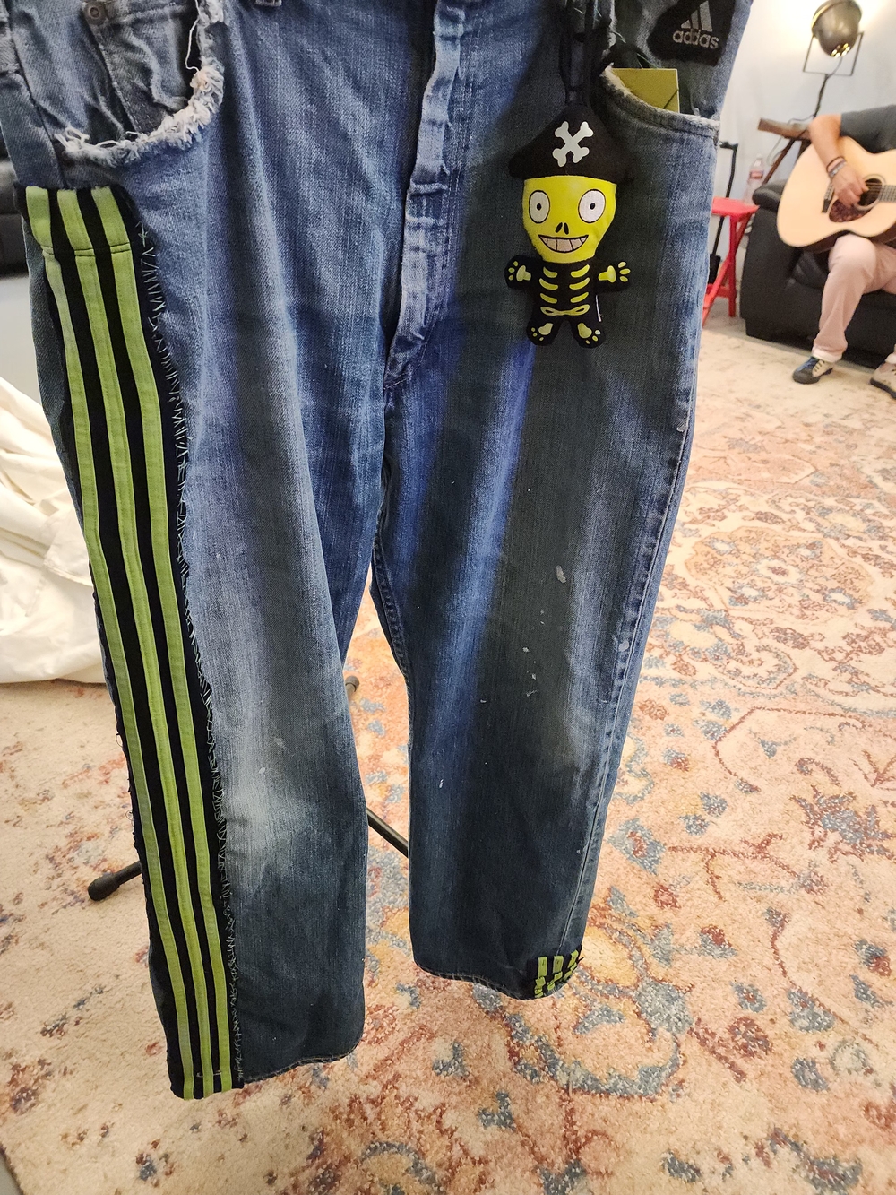 Men's Vintage Denim Jeans with Adidas Neon Green Side Stripes